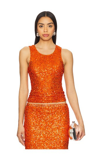 Rust Sequin Tank Top in Orange Top Outfit Orange Sequin Maxi Skirt Outfit Sequin Outfits | Revolve Clothing (Global)