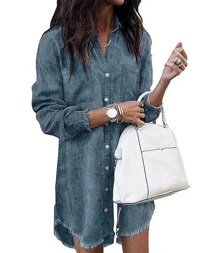 ZOCAVIA Women's Puff Long Sleeve Demin Dress Summer Babydoll Tiered Button Down Jean Shirt Dress ... | Amazon (US)