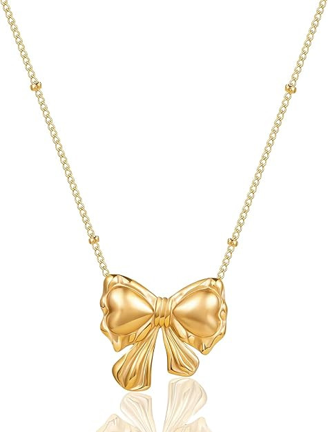 Bow Necklace for Women 18K Gold Plated Stainless Steel Dainty Cute Bowknot Pendant Chain Link Nec... | Amazon (US)