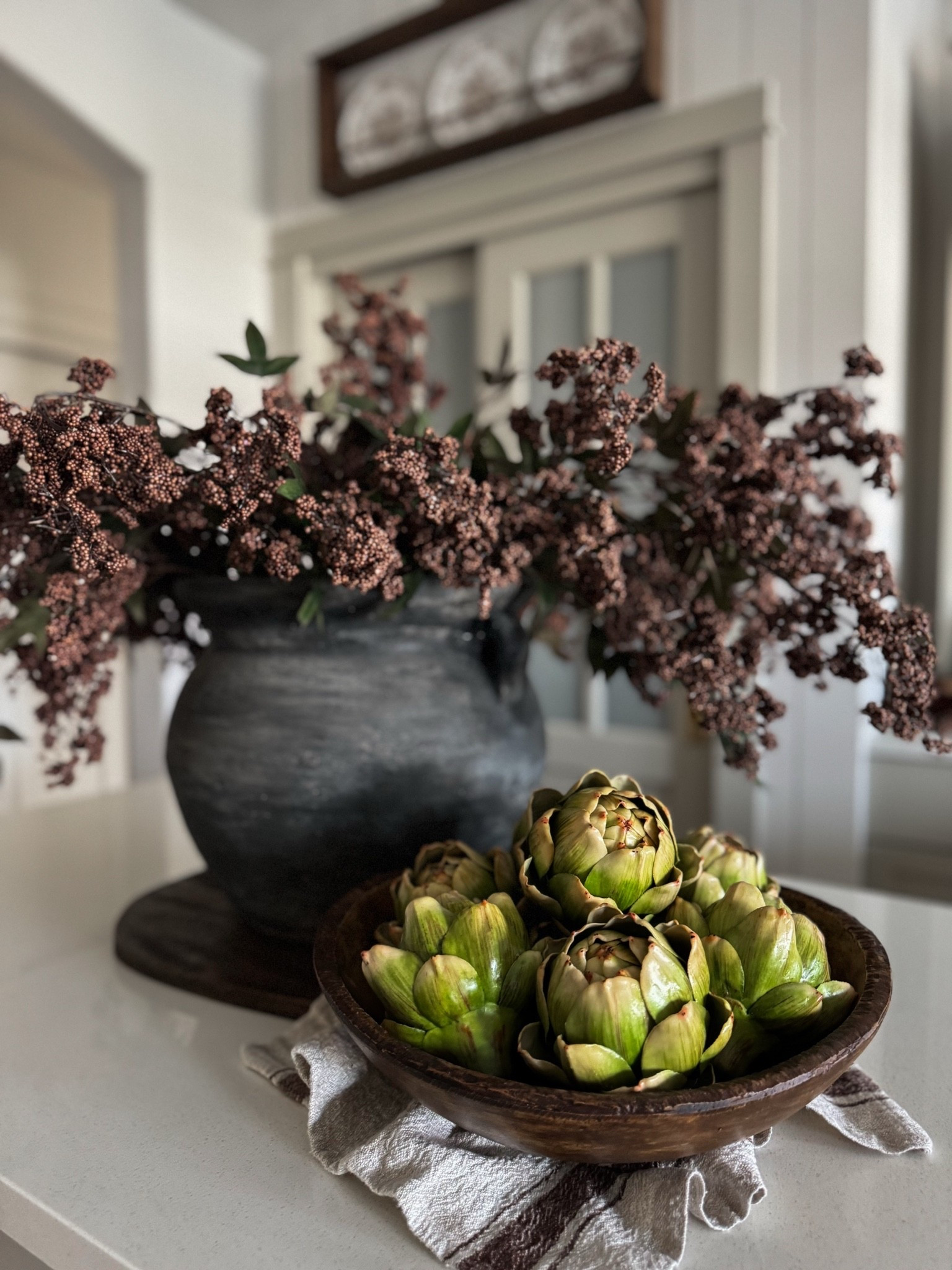 Faux, artichokes, bowl, filler, brown, berry, stems, spring stems