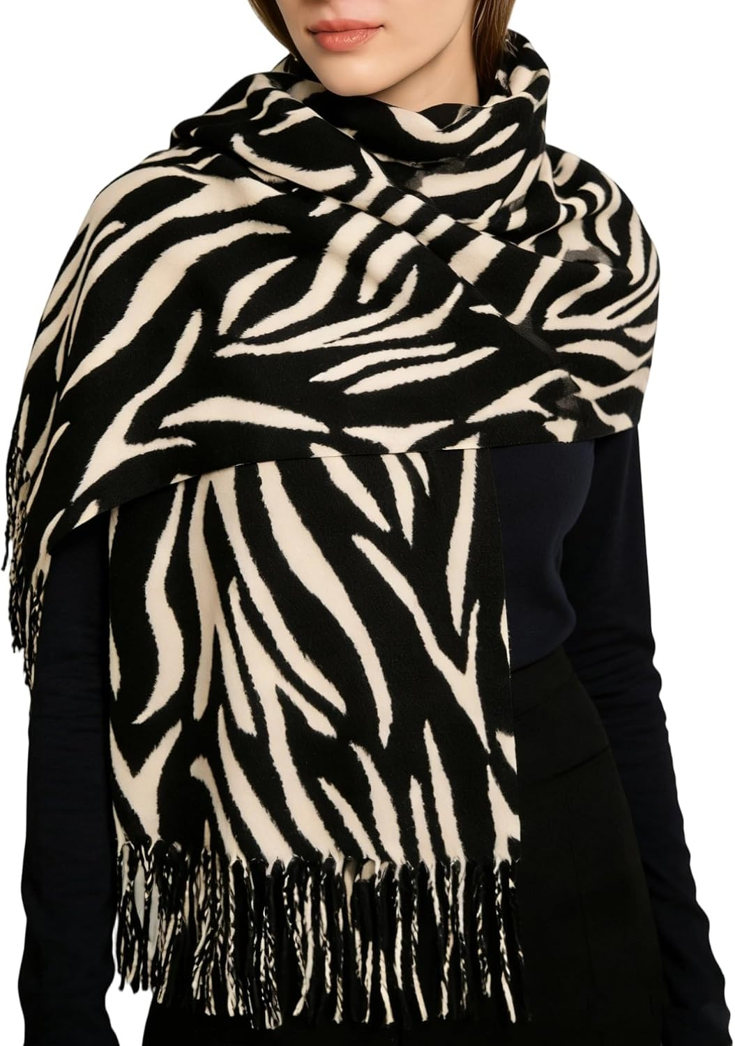Women's Fashion Cozy Winter Scarf, Zebra Print Soft Long Double-Sided Shawl with Tassels, Oversized Warm Scarf Wrap | Amazon (US)