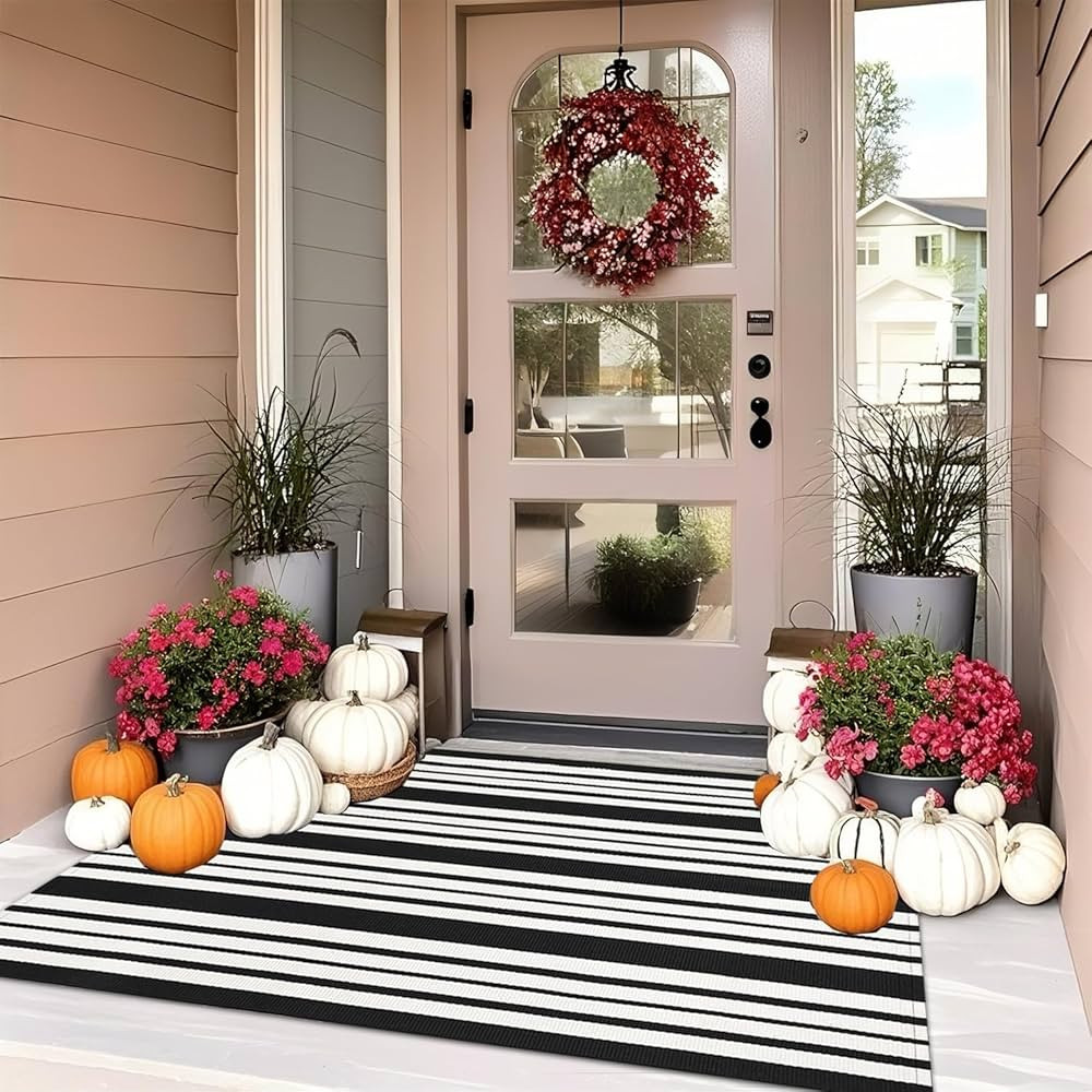 Black and White Striped Rug 3'x5'Front Porch Rug Outdoor,Cotton Woven Machine Washable Indoor/Out... | Amazon (US)