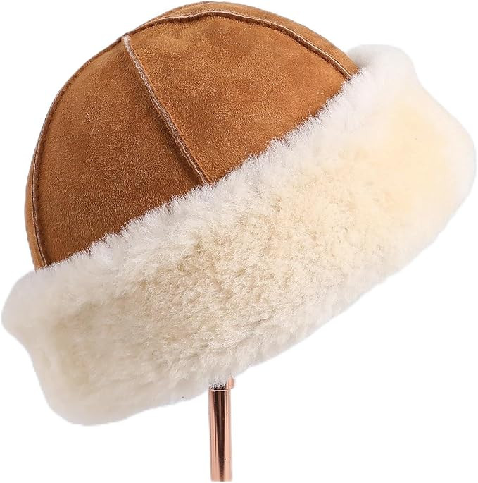 Unisex Sheepskin Leather Shearling Wool Beanie Hat, Winter Warm Thick Soft Fur Cap, Hand Stitched | Amazon (UK)