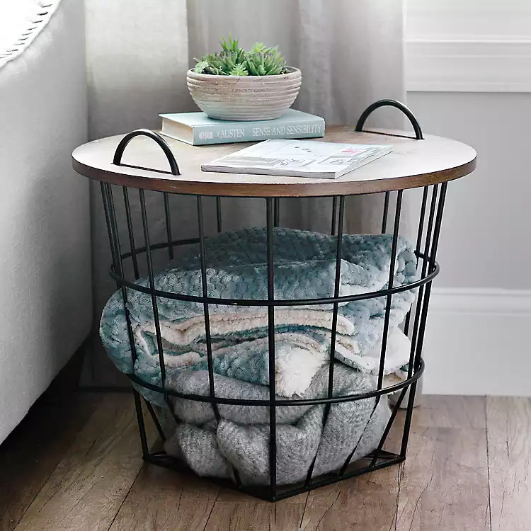 Industrial Wire and Wood Basket Side Table | Kirkland's Home