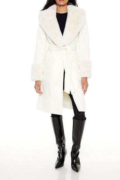 Faux Fur-Trim Faux Suede Wrap Coat | Forever 21