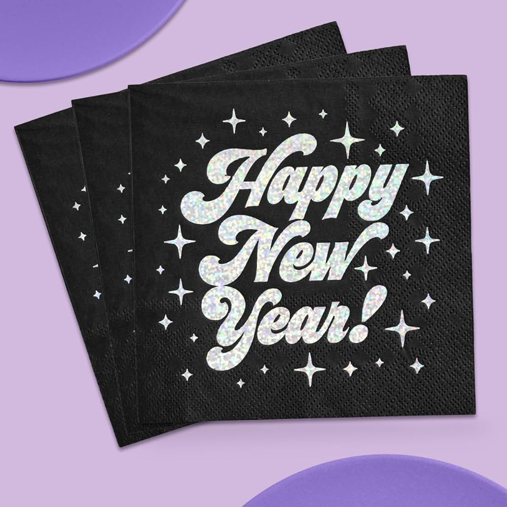 xo, Fetti Black Happy New Year Paper Napkins - Iridescent Foil | 3-ply, 50 pcs | NYE Party Decora... | Amazon (US)