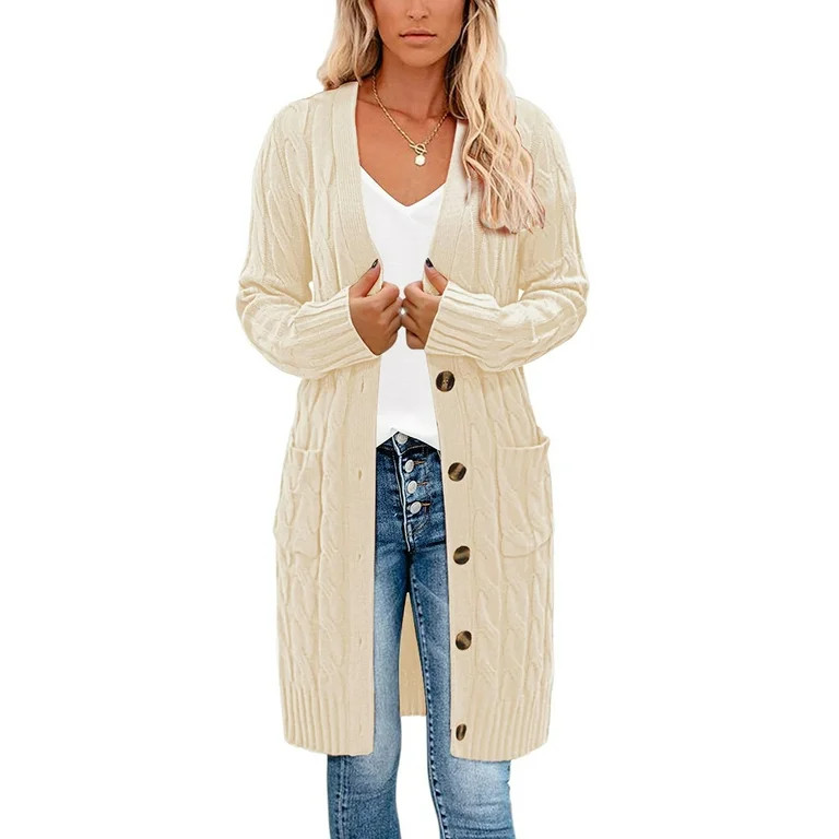 Women's Long Cardigan Coat Open Front Cable Knit Casual Loose Sweater Outwear with Pocket | Walmart (US)
