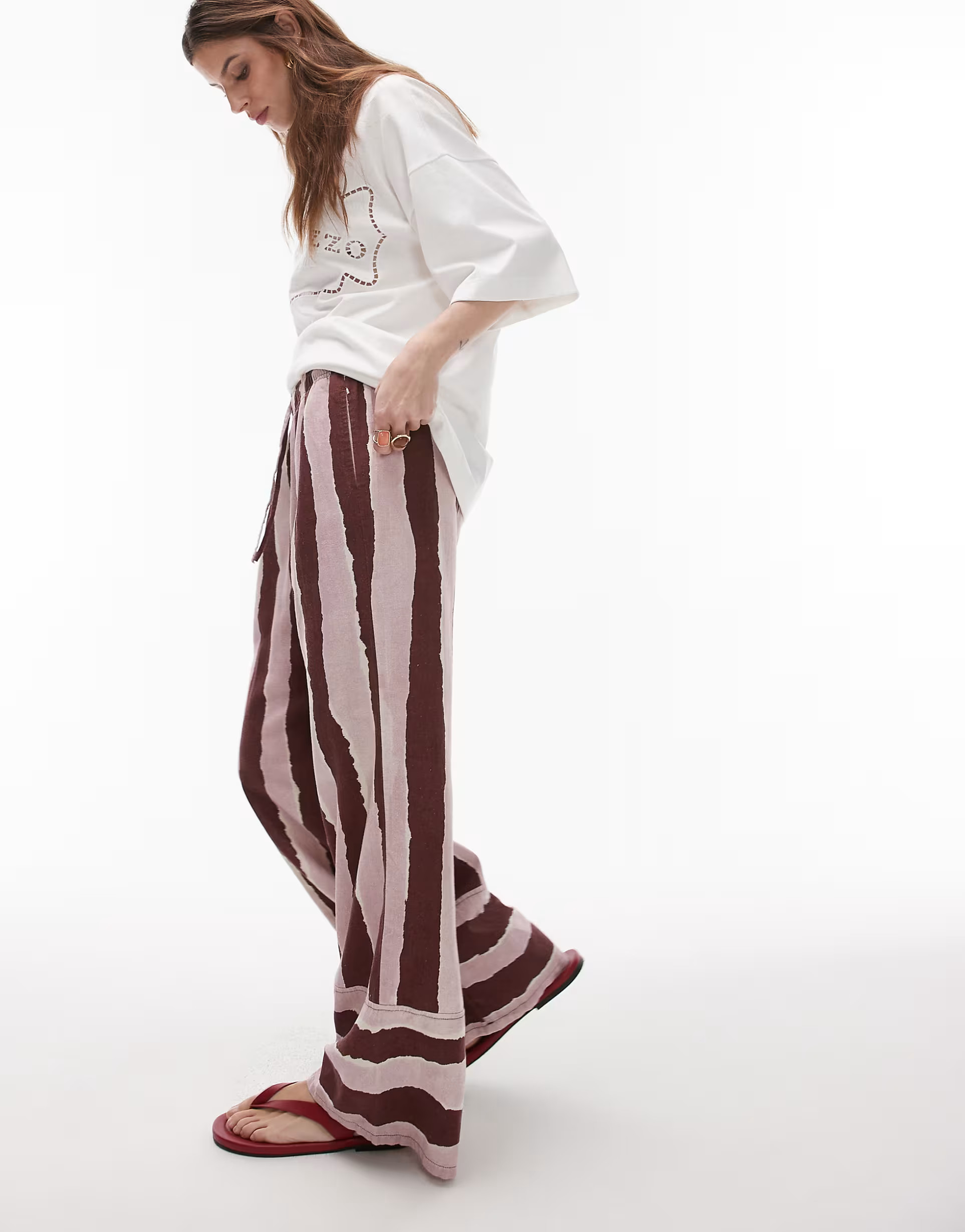 Topshop linen brush stroke stripe deep cuff straight leg trouser in burgundy | ASOS (Global)