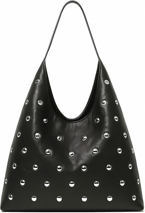 Black Studded Hobo Shoulder Bag for Women, Y2K Large Soft Vegan Leather Slouchy Tote Purse, Every... | Amazon (US)