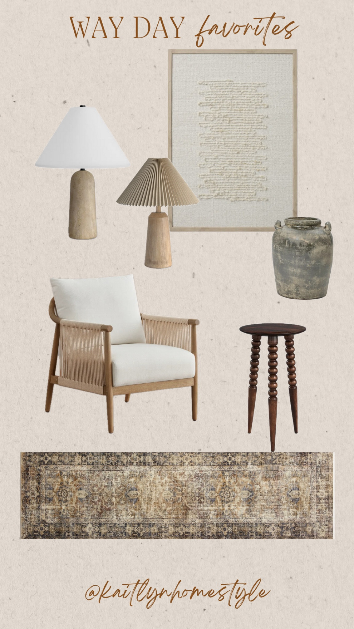 Way Day with some of my favorite neutral home furniture and decor. Area rug, accent chairs, wall art, textured vase and lamp, coffee table and matching console table. I have this coffee table and the vase and love them both. The coffee table looks darker in person and the color is gorgeous. Living room inspiration, entryway  



#LTKSaleAlert #LTKU #LTKHome