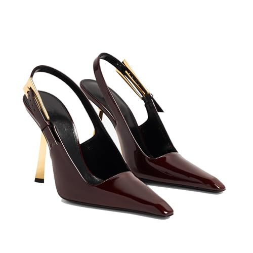 THESHY Women's Slingback Stiletto High Heels Square Toe Metal Buckle Pumps Backless Patent Leather Fashion Dress Shoes for Women Burgundy | Amazon (US)
