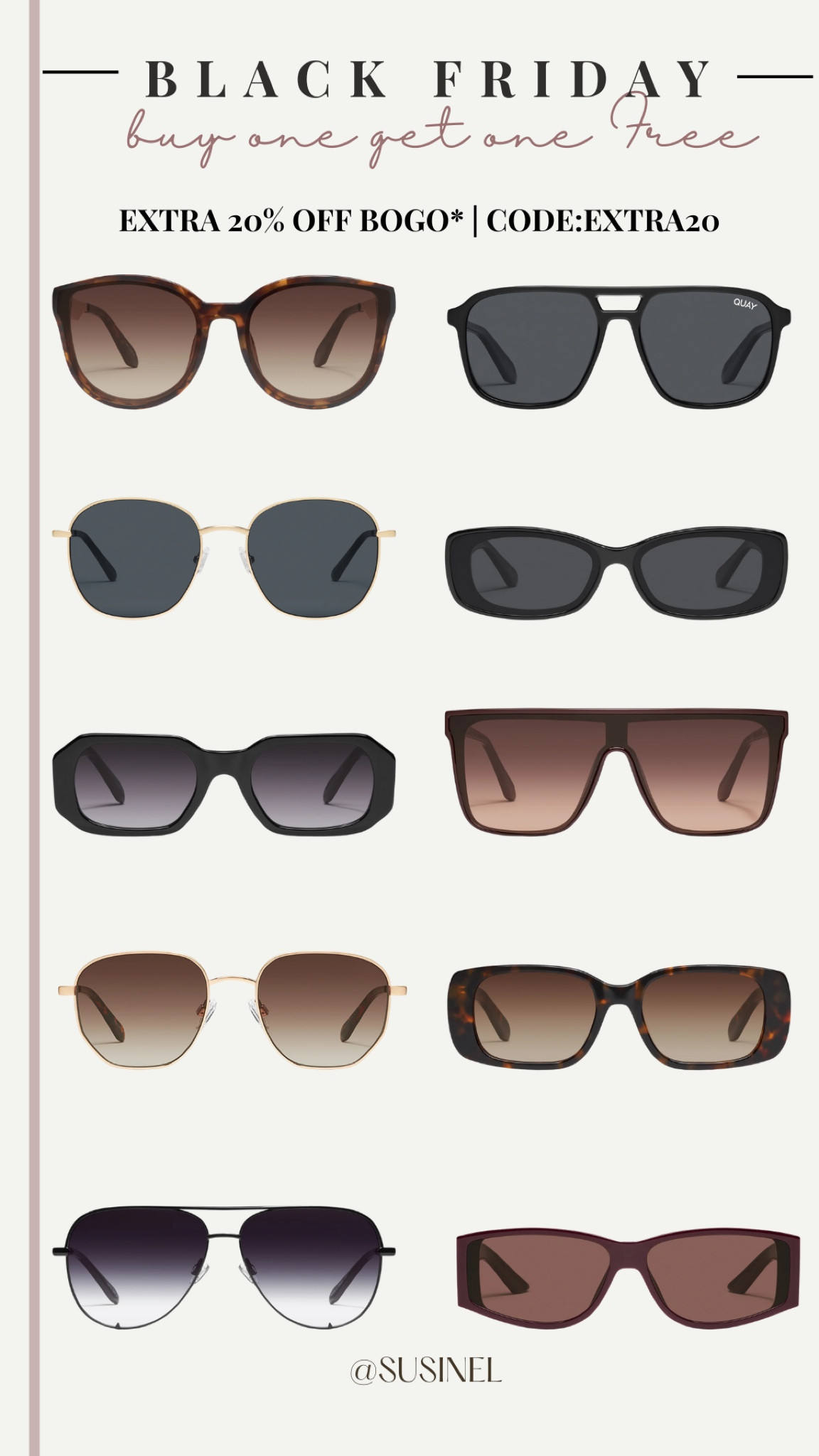 Quay BOGO + extra 20% off CODE: EXTRA20
Lleva uno y otro gratis + extra 20%

#LTKHoliday #LTKFindsUnder50 #LTKSaleAlert