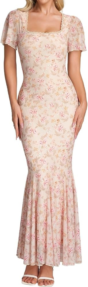 Parthea Womens Floral Mesh Square Neck Lace Ruffle Short Sleeve Dress Elegant Summer Wedding Gues... | Amazon (US)