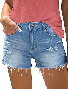 luvamia Women's Mid Rise Ripped Denim Shorts Frayed Raw Hem Casual Jeans Shorts | Amazon (US)