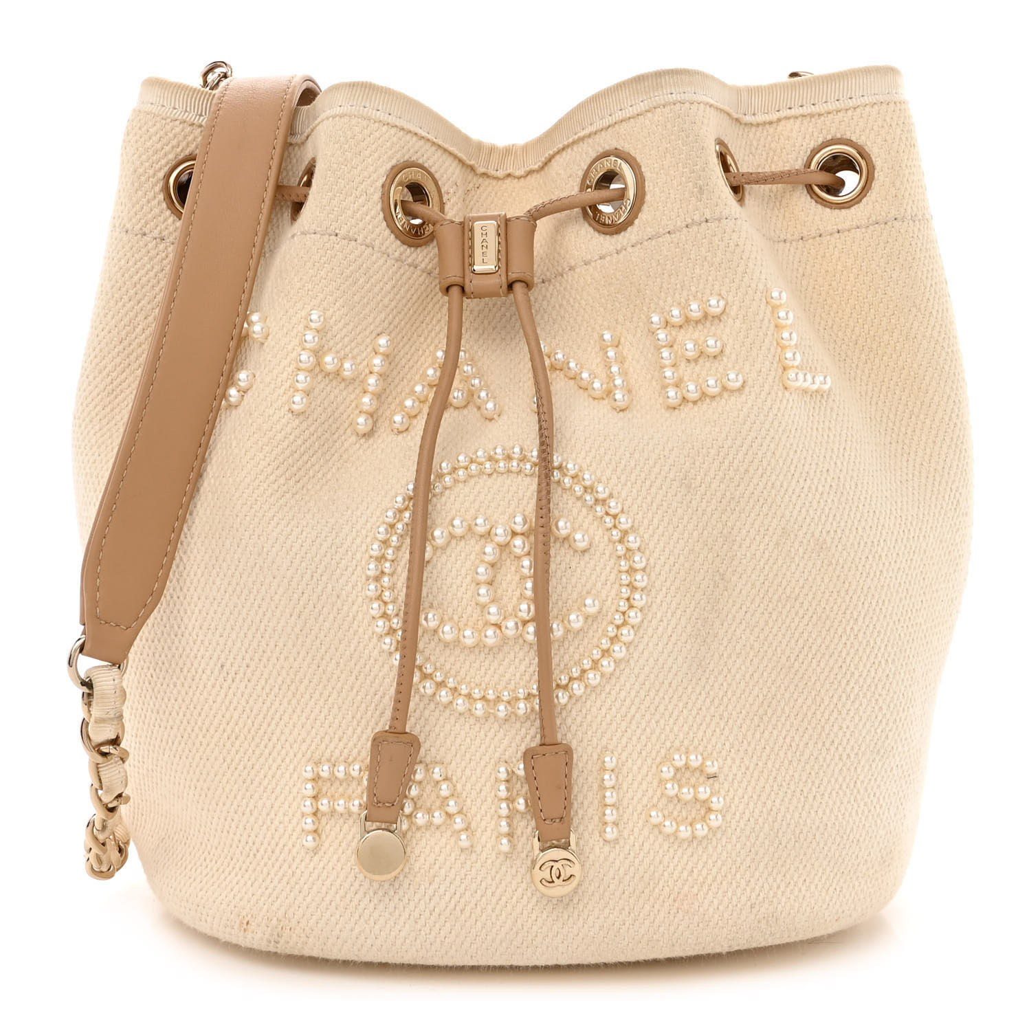Canvas Pearl Deauville Drawstring Bucket Bag Ecru Beige | FASHIONPHILE (US)