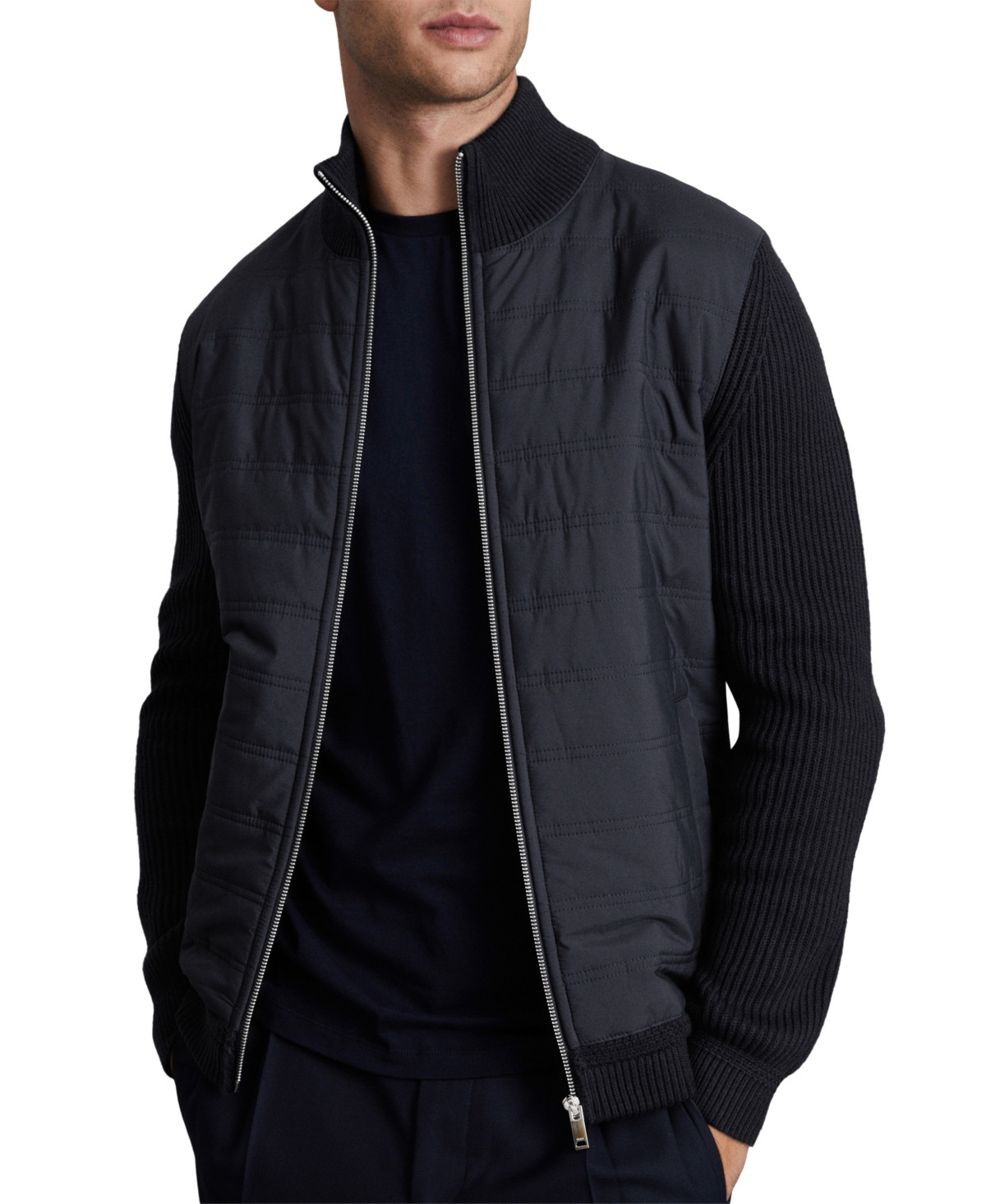 Reiss Men's Trainer Hybrid Quilt and Knit Slim-Fit Funnel-Neck Jacket - Navy | Macy's