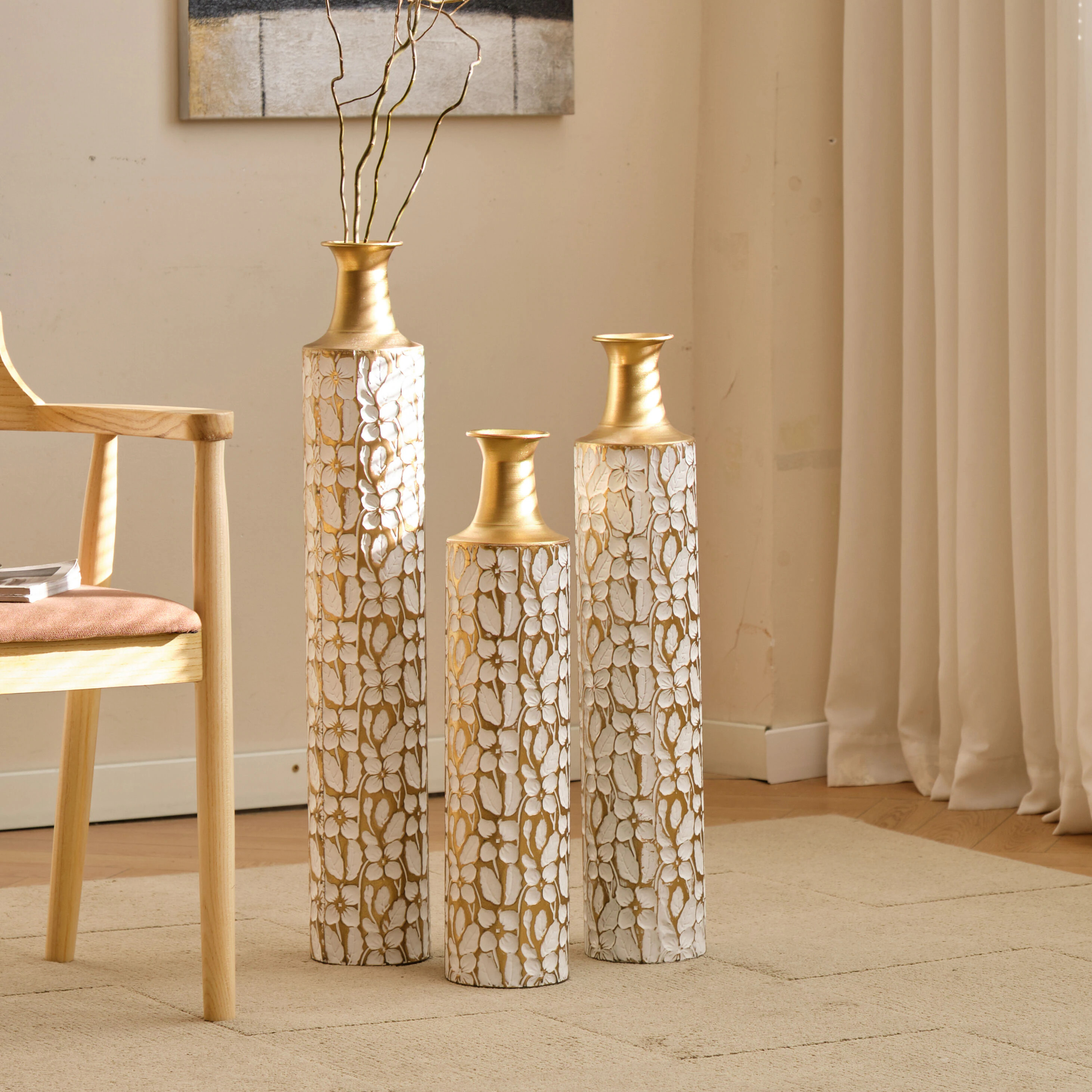 LOVMOR Floor Vases Gold Large Vases set of 3 for home decor Vintage Large vases representing twigs Twigs dried flowers living room antique worn vases | Lowe's