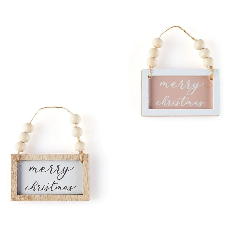 Holiday Time Blushful Pink and White Merry Christmas Mini Wood Frame Ornaments, Set of 4 - Walmar... | Walmart (US)