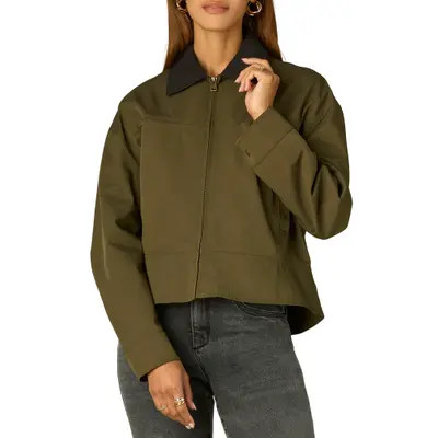 Wit & Wisdom Contrast Collar Peplum Jacket in Forest Moss at Nordstrom, Size Large | Nordstrom