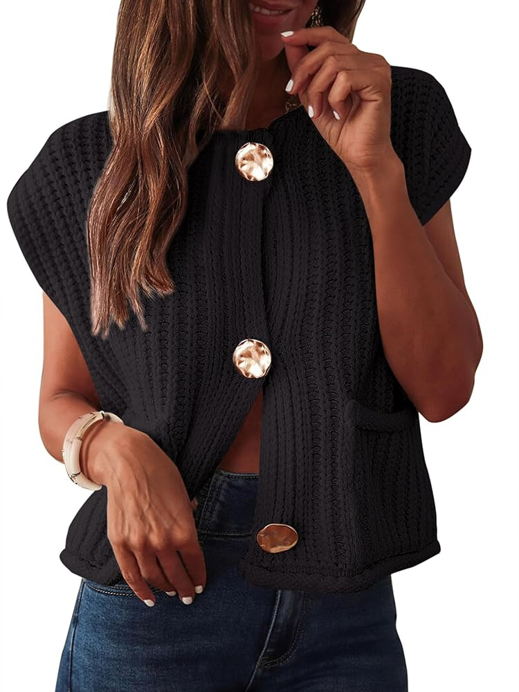 ANRABESS Women Chunky Knit Sweater Vest Button Down Casual Sleeveless Cardigan with Pockets Sprin... | Amazon (US)