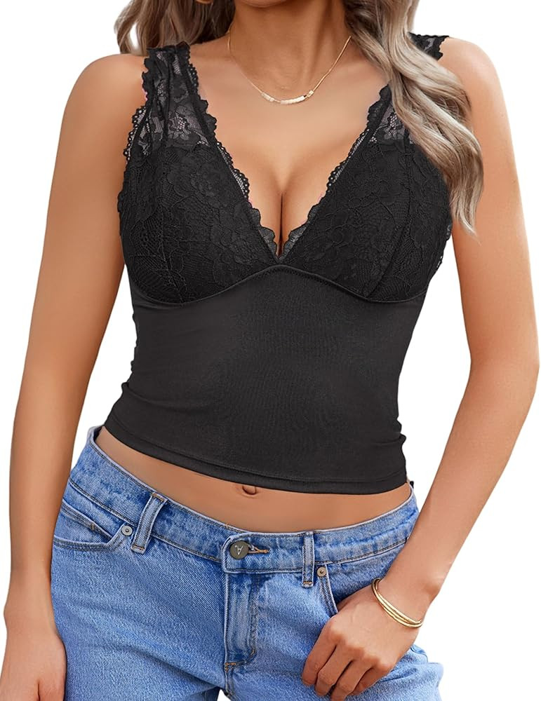 Avidlove Lace Tank Top for Women Summer Deep V Neck Y2K Crop Top Sexy Slim Fit Going Out Tops | Amazon (US)