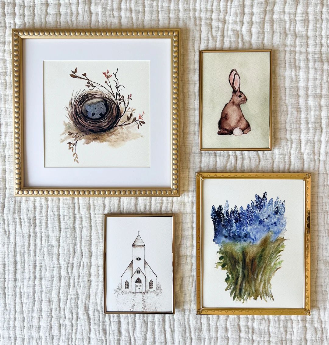 SPRING CAPSULE NO. 1 | Mini Gallery Wall Art | Quail Nest Painting | Bunny Rabbit Painting | Chur... | Etsy (US)