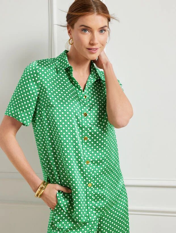 Satin Button Front Shirt - Intricate Dots | Talbots