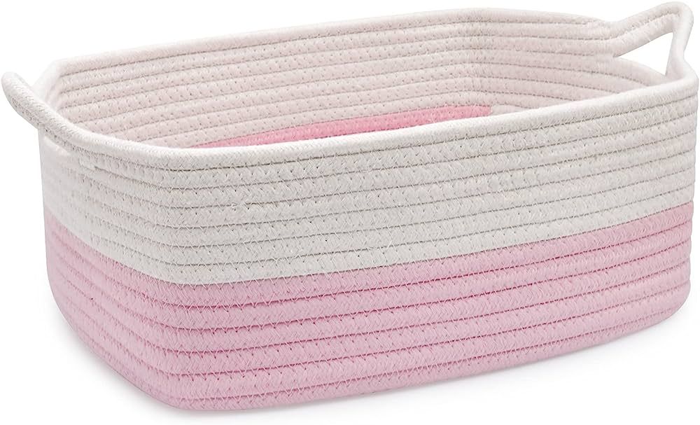 ABenkle Rope Storage Basket, Cotton Woven Pink Baby Girl Basket, Cube Soft Basket with Handles, D... | Amazon (US)
