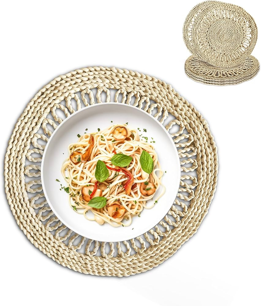 Round Woven Placemats Set of 6 (15'') | Natural Wicker Chargers for Dinner Plates | Straw Braided... | Amazon (US)