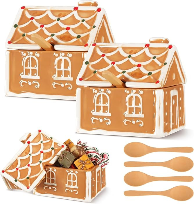 Honeydak 2 Pack Ceramic Gingerbread House Cookie Sugar Bowl with 5" Spoons Christmas Candy Storag... | Amazon (US)