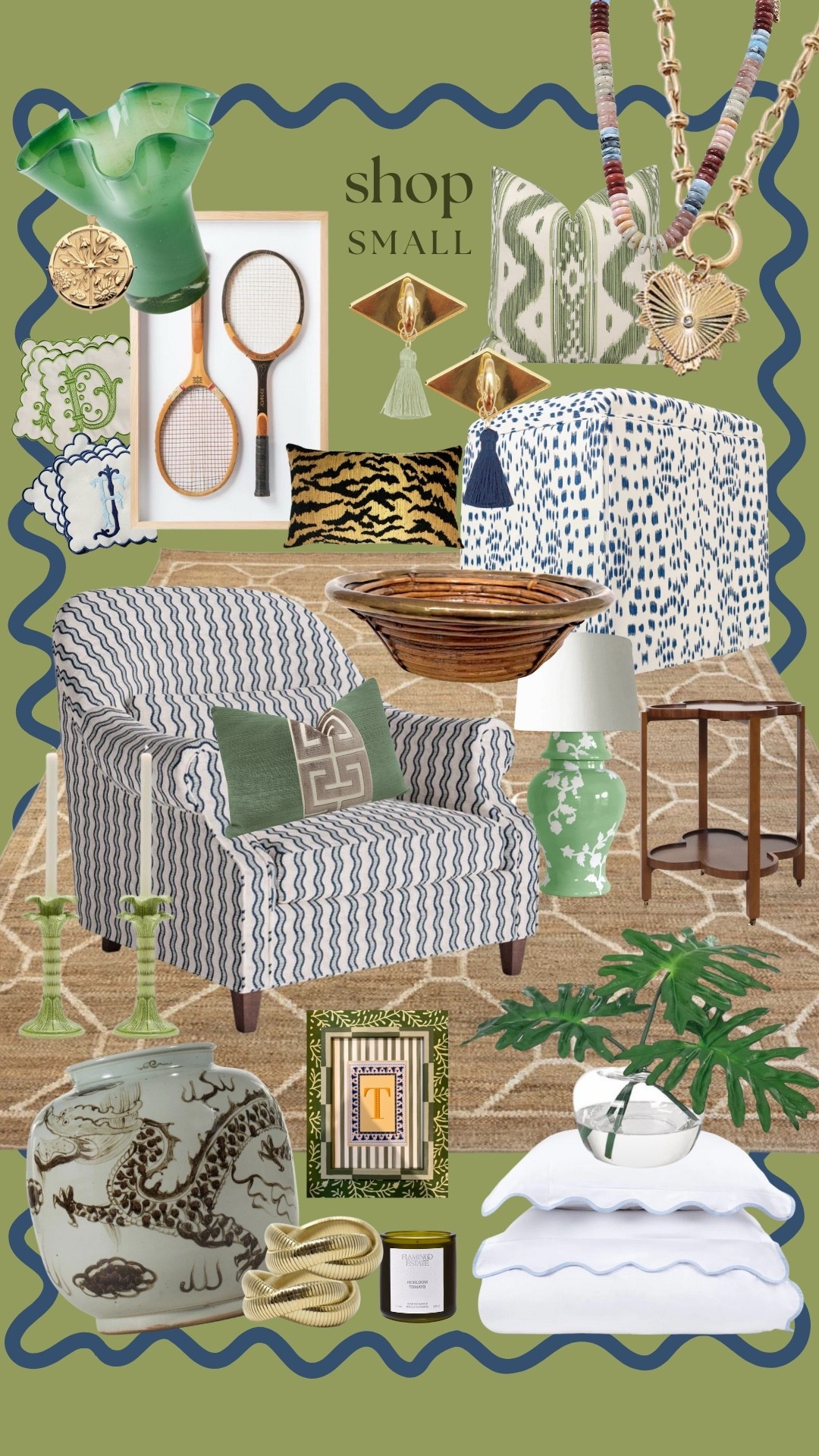 Shop Small Saturday, custom chair, blue and white ottoman, jute rug, faux palm, tennis art, scalloped duvet, scalloped bedding, brown and white ginger jar, green lamp, palm candlestick, green lumbar pillow, tiger pillow, green boat pillow, custom pillow, layered necklace, gift guide, gifts for her 

#LTKCyberWeek #LTKGiftGuide #LTKHome