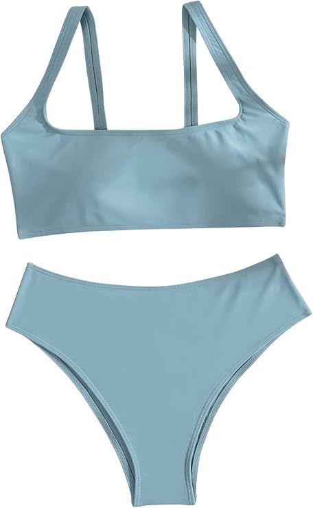 SweatyRocks Women's Swimwear Set Solid Scoop Neck High Waisted Bikini Swimsuits | Amazon (US)