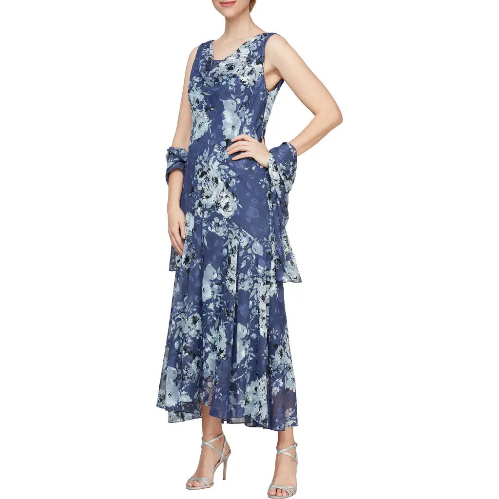 Alex Evenings Print Cowl Neck Maxi Dress with Shawl in Wedgewood at Nordstrom, Size 18 | Nordstrom
