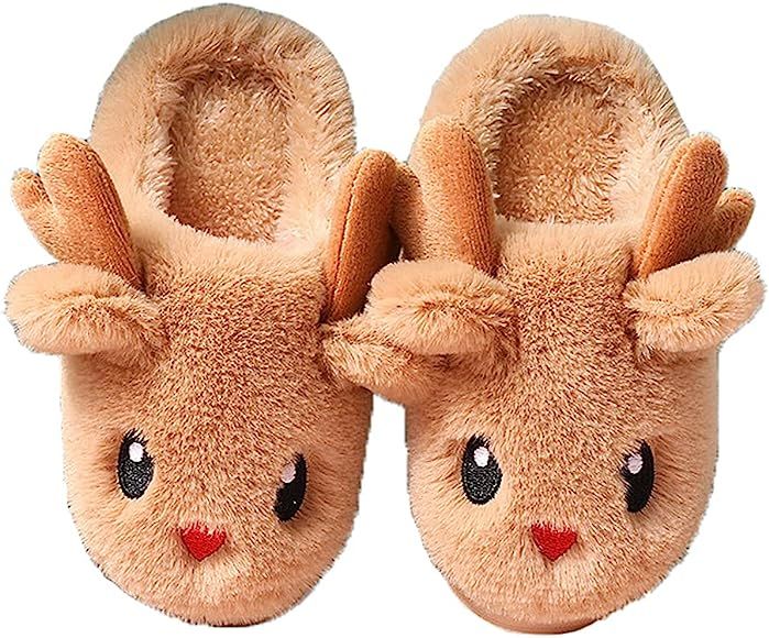 Toddler Kids Fluffy Animal House Slippers Cozy Cute Faux Fur Home Shoes for Boys/Girls | Amazon (US)