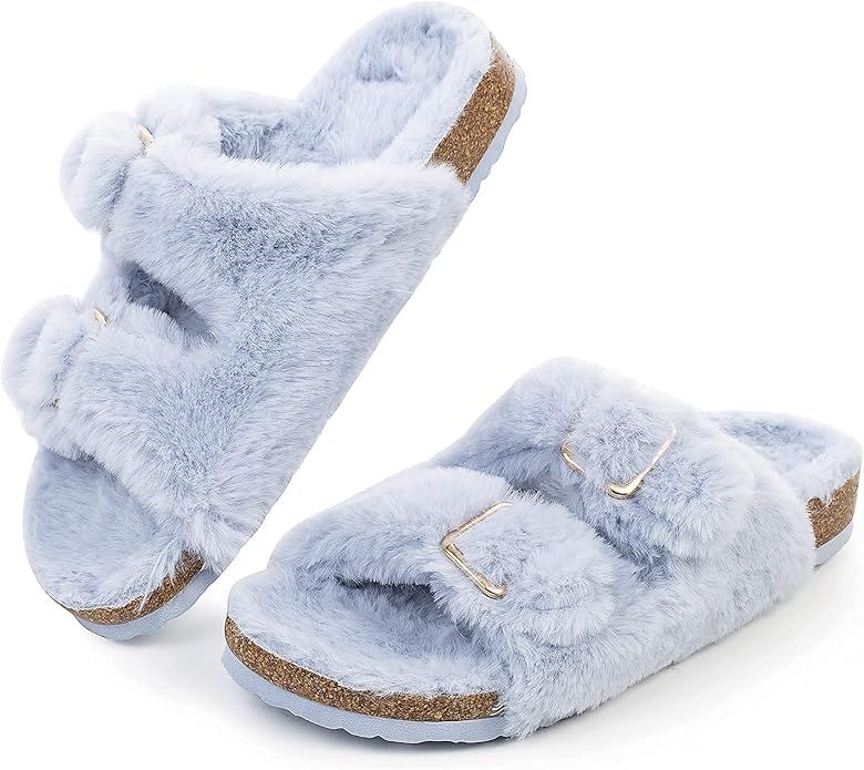 FITORY Womens Open Toe Slipper with Cozy Lining,Faux Rabbit Fur Cork Slide Sandals Size 6-11 | Amazon (US)