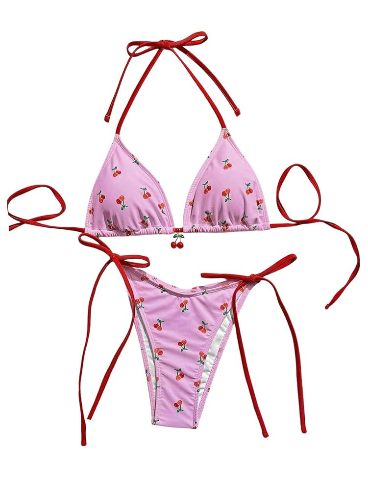 WDIRARA Women's 2 Piece Swimsuit Cherry Print Bikini Set Halter Triangle Bikini Side Tie String B... | Amazon (US)
