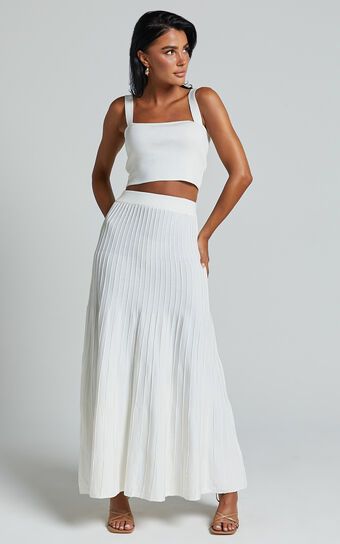 Cherylene Two Piece Set - Knitted Square Neck Crop Top and Midi Skirt Set in Off White | Showpo (US, UK & Europe)
