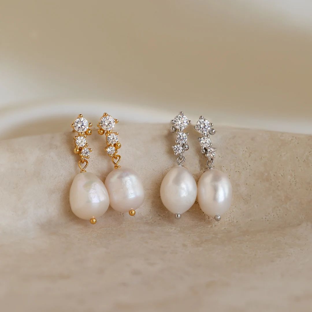 Dangling Pearl Diamond Earrings by Caitlyn Minimalist Dainty Pearl Drop Earrings Vintage Wedding ... | Etsy (US)