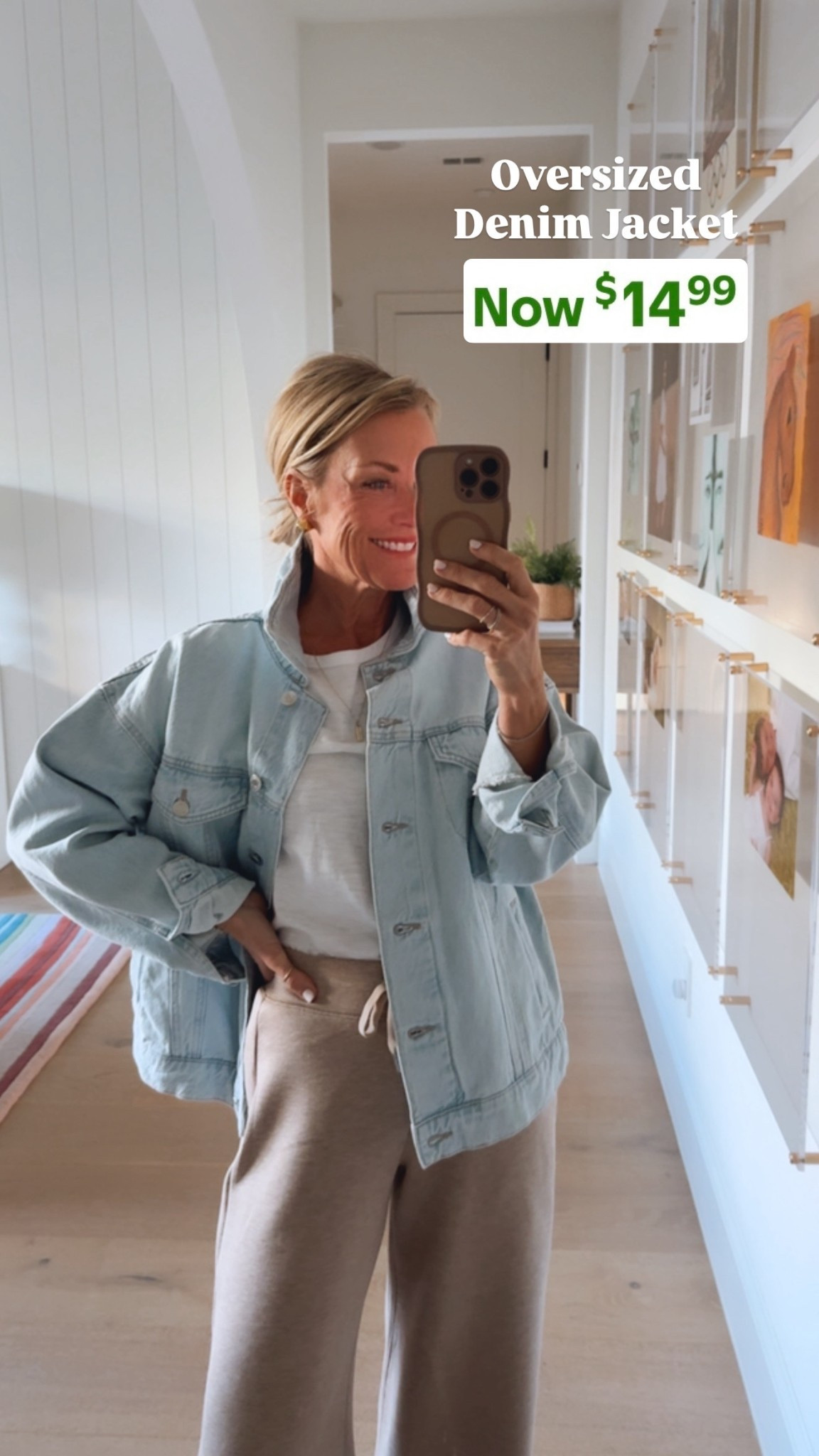 Adore this oversized denim jacket…so soft & in the best light wash for spring. 

Runs big, I sized down to XXS 
Pants: small 
Tee: small 

#LTKOver40 #LTKootd