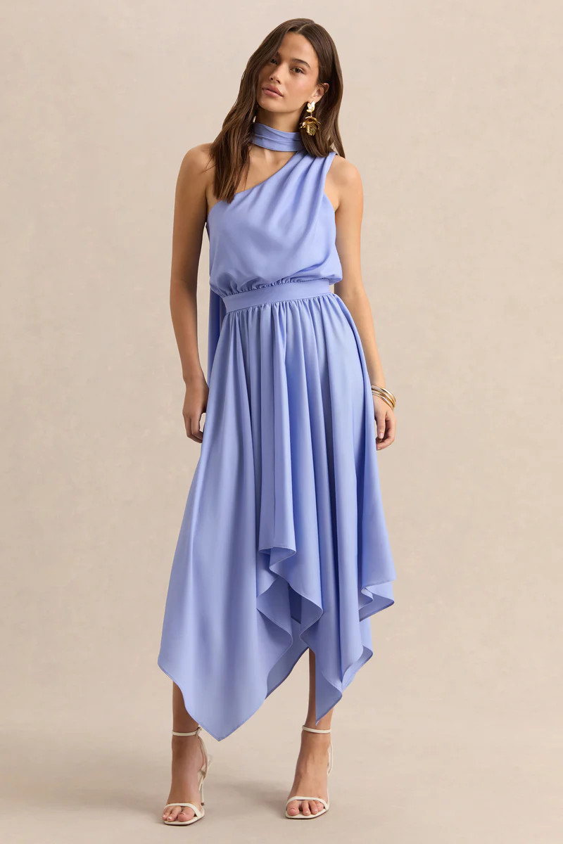 Caluna  Powder Blue Satin Asymmetric-Neck Midi Dress With Scarf-Detail | Club L London