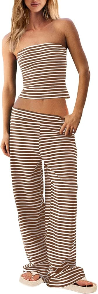 Womens Striped Pant Sets 2 Piece Strapless Tube Top and Wide Leg Pants Summer Casual Beach Outfit... | Amazon (US)