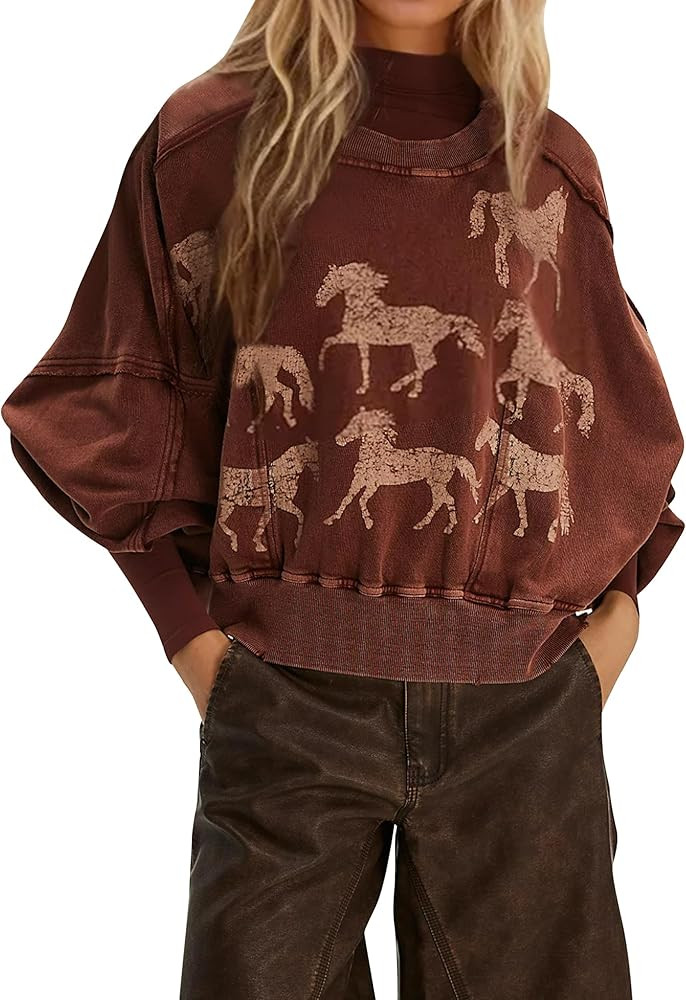 Women Cropped Sweatshirt Oversized Graphic Horse Print Crewneck Long Sleeve Pullover Casual Loose... | Amazon (US)