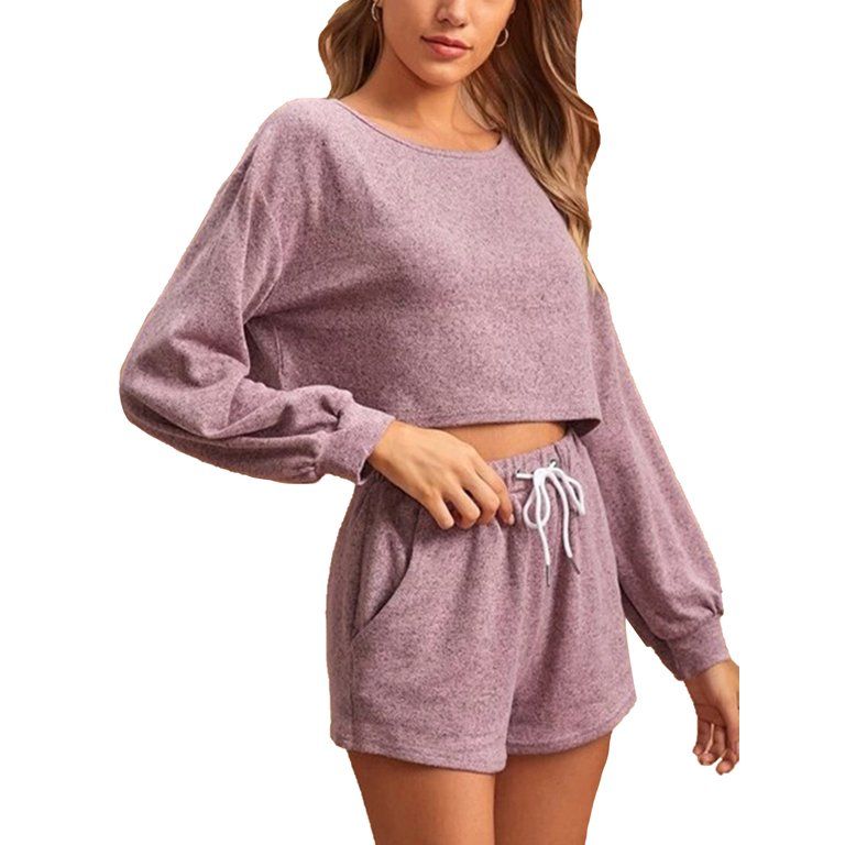 Sexy Dance Womens Round Neck Lounge Wear Set Long Sleeve Sweatshirt Crop Tops and Shorts 2 Piece ... | Walmart (US)