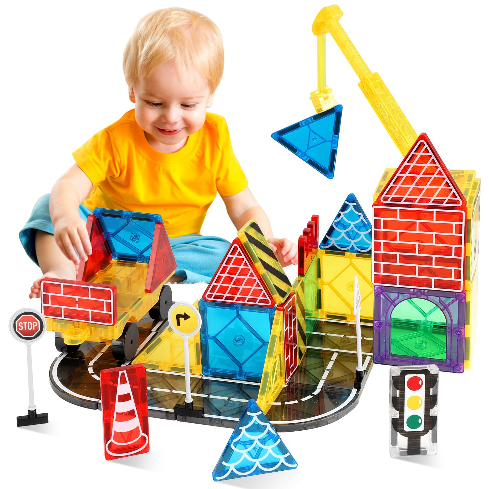 Magnetic Tiles Road Set Kids Toys, Magnetic City Construction Toys with Magnet Crane for 3+ Year ... | Amazon (US)