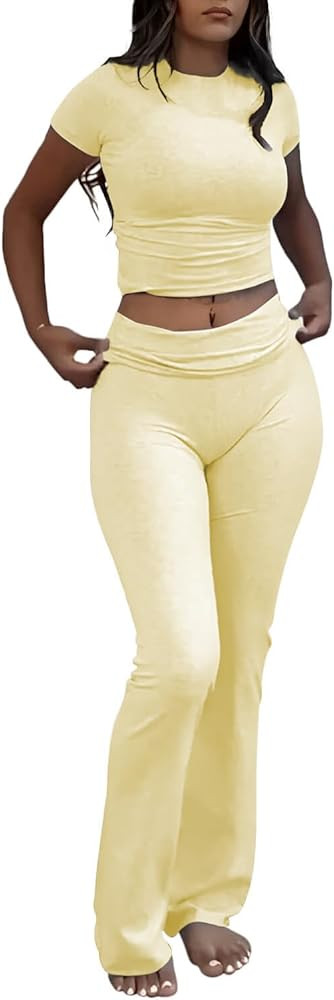 ZFLM Casual Workout Two Piece Outfits for Women Short Sleeve Crop High Waist Foldover Flare Pants... | Amazon (US)
