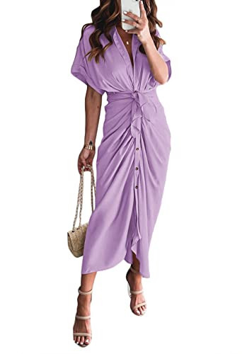 Women Ruched Dresses Short Sleeve Button Down Bodycon Belted Maxi Dress Purple Large | Amazon (US)