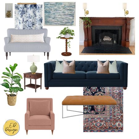 This eclectic living room design mixes classic patterns and furniture pieces in a fun, vibrant way. I love the blues and pinks with the dark wood and more modern art and cocktail coffee table 

#LTKhome