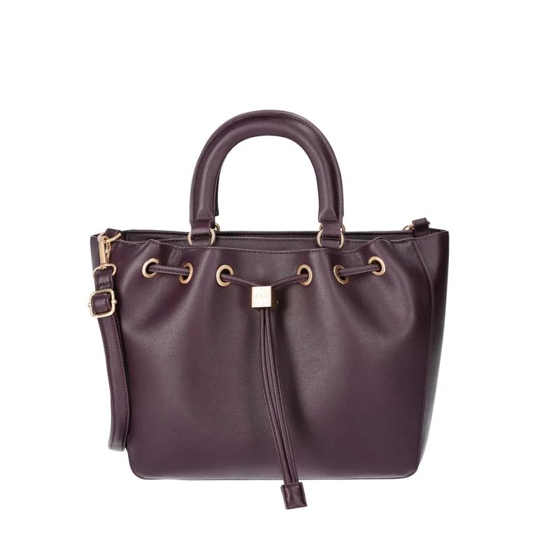 Time and Tru Women's Brynlee Faux Leather Drawstring Tote Handbag, Plum | Walmart (US)