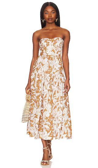 Kiana Strapless Ruched Midi Dress in Walnut & Coconut Tan Dress Beige Dress Light Brown Dress | Revolve Clothing (Global)