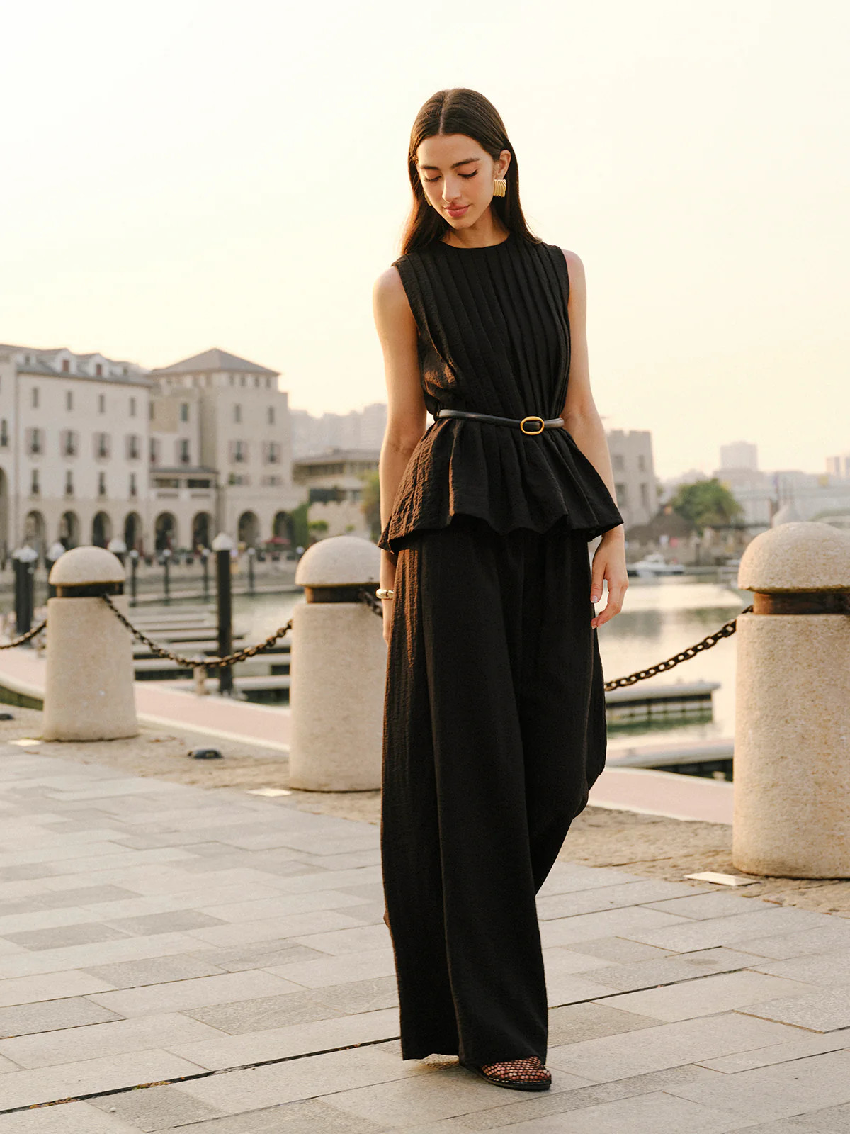 Peplum Top Wide-Leg Pants Set With Belt | Commense